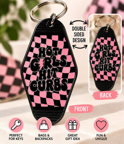 Hot Girls Hit Curbs Motel Keychain | Pink & Black Checkered Key Tag