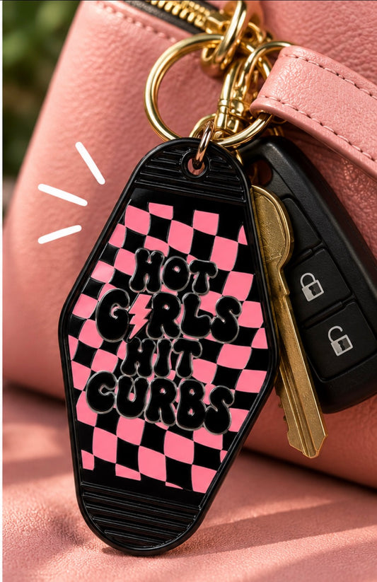 Hot Girls Hit Curbs pink and black checkered double-sided motel keychain with metal key ring