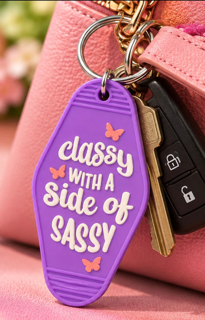 Purple Classy With a Side of Sassy double-sided motel keychain with cream lettering and peach butterflies