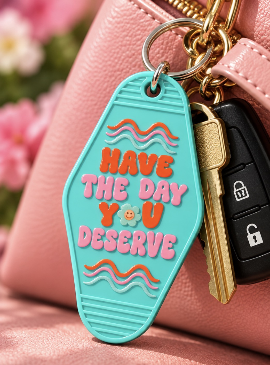 Turquoise Have the Day You Deserve motel keychain with pink and orange lettering, retro waves and smiley flower attached to keys