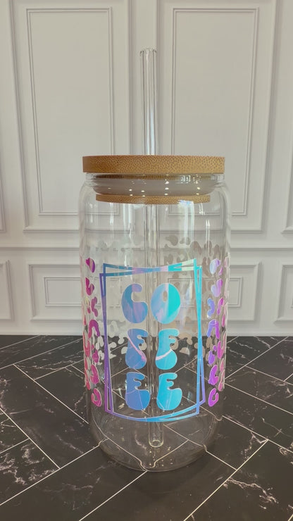 Leopard Coffee Glass Tumbler – 16 oz, Custom Vinyl Colors