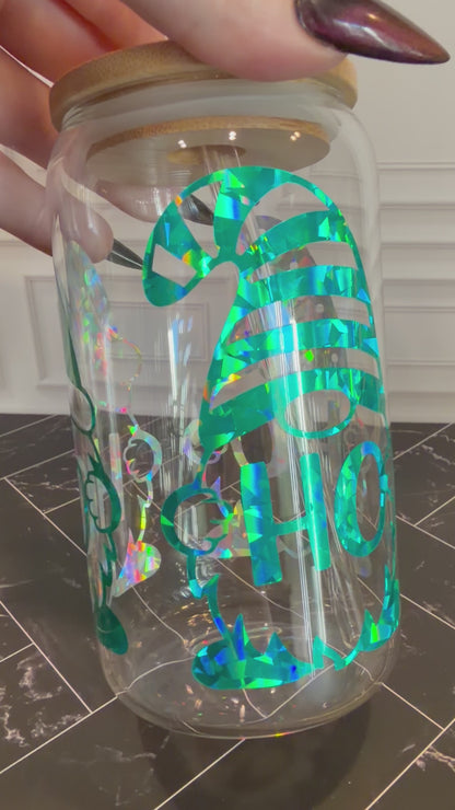 HOHOHO Christmas Gnome Glass Tumbler – 16 oz, Custom Vinyl Colors