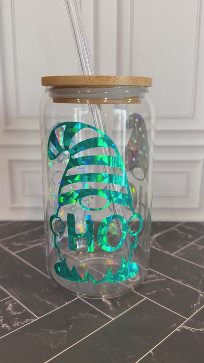 HOHOHO Christmas Gnome Glass Tumbler – 16 oz, Custom Vinyl Colors