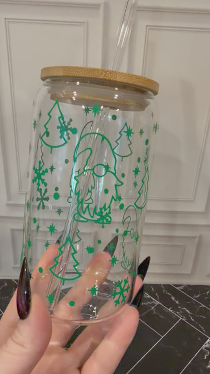 Christmas Gnome Glass Tumbler – 16 oz, Custom Vinyl Color