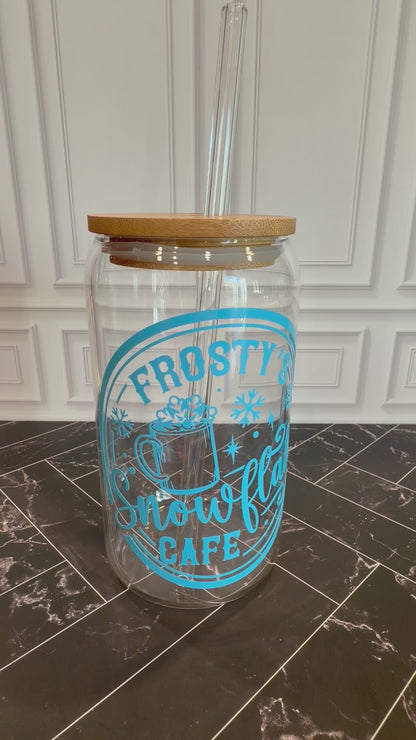 Frosty’s Snowflake Cafe Glass Tumbler – 16 oz, Custom Vinyl Color