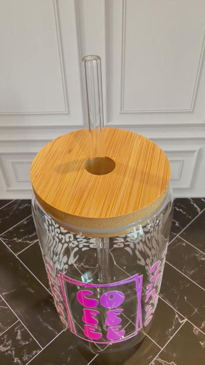 Leopard Coffee Glass Tumbler – 16 oz, Custom Vinyl Colors
